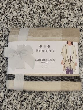 Three Dots Beige & Black Cashmere-Blend Fringe Wrap